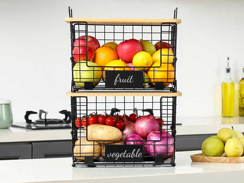 2 Set XL Stackable Wire Basket with Bamboo Tops & Tags Enhances Everyday Home Comfort
