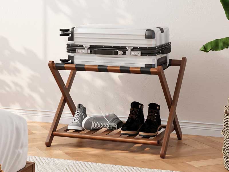 Fully Assembled Walnut Luggage Racks Set for Effortless Guest Room Organization